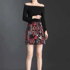 Boho Skirt Embroidery A-Line Mini Skirts. Aztec print